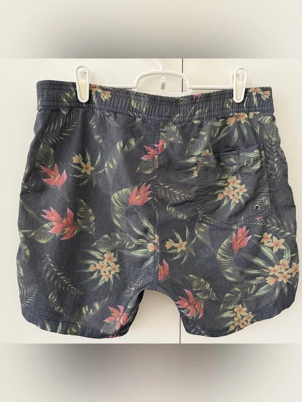 Marine Layer Dark Floral Tropical Swim Trunks - Black with Red & Green Accents